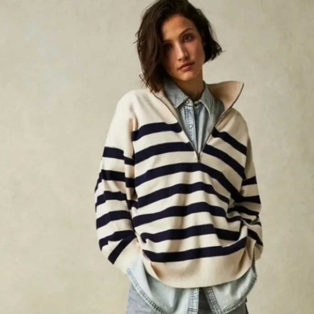 NWT Free People Castal Stripe Pullover In Carbon Champagne Cream Sweater Size M - Picture 2 of 10